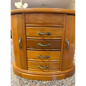Vintage Wooden Jewelry Box Oval Armoire 4 Drawers Side Doors Honey Oak Finish